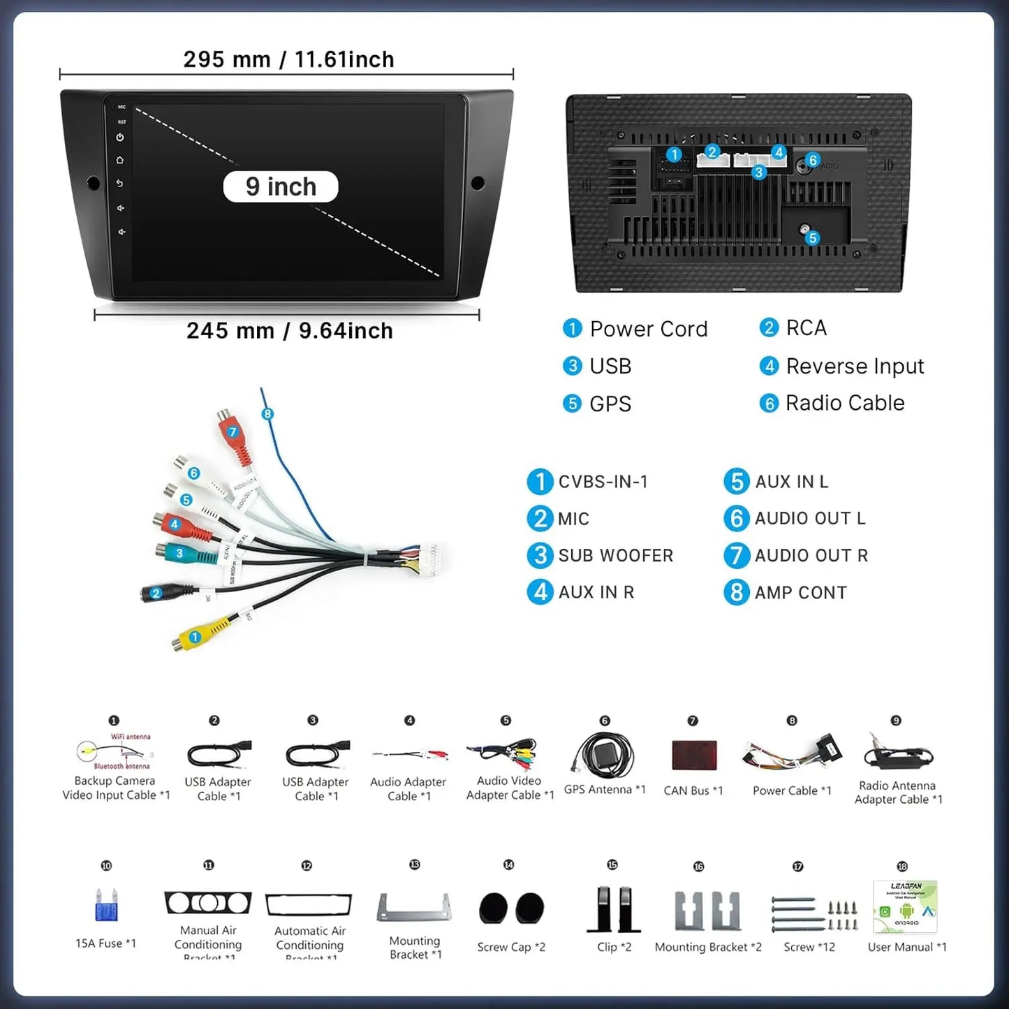 9" Touch Screen Wireless Car Radio Stereo for BMW 3 Series 328i 335i 325i (E90/E91/E92/E93) 2005-2011 With Backup Camera 2G+32G